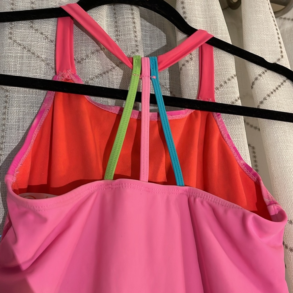 Girl’s L 1pc Bathing Suit Pink/Blue Racer Back Design Straps In Back - Picture 6 of 8